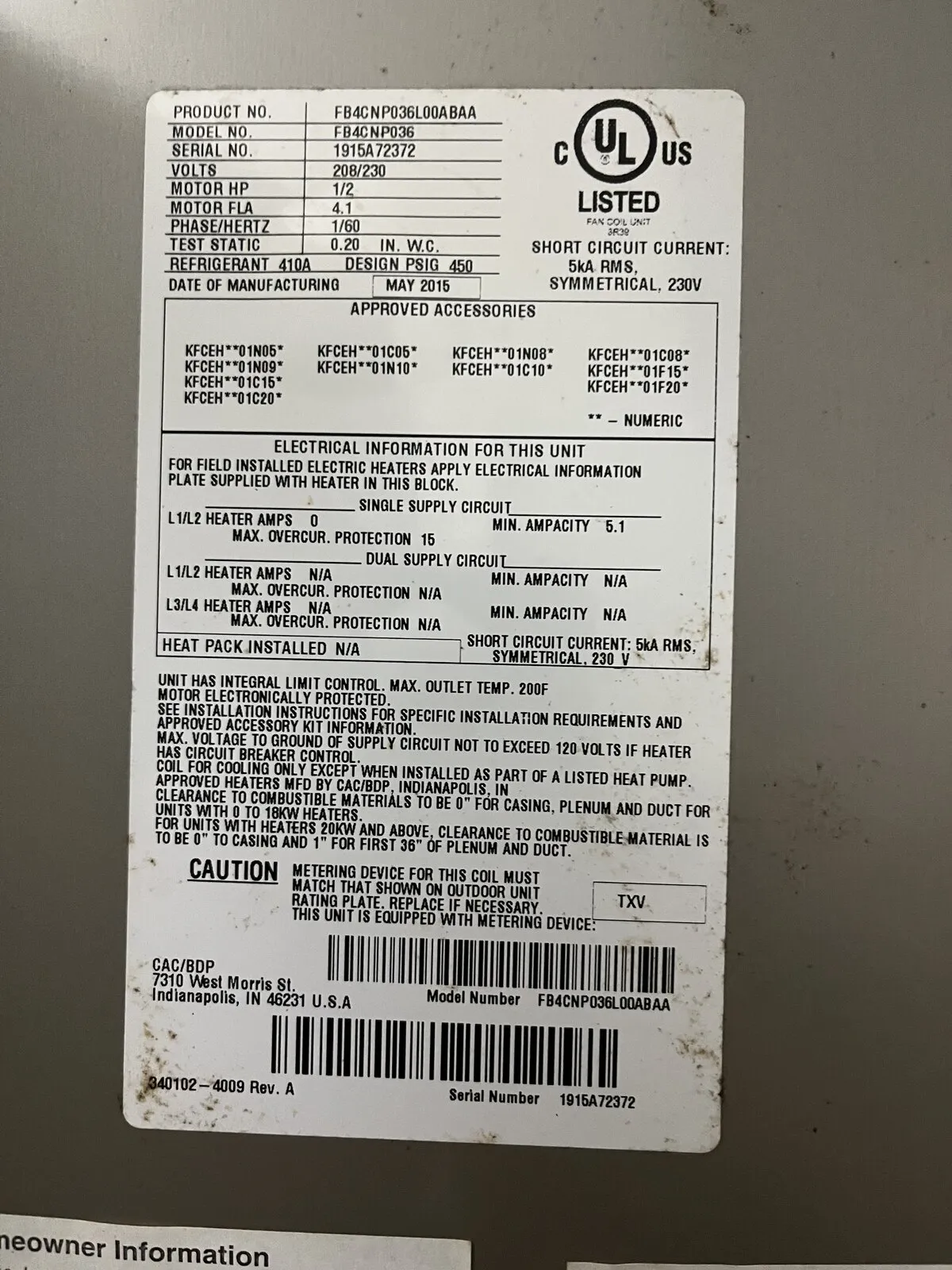 Air handler data plate with model, serial and refrigerant charge information, Lutz Lake Fern Rd, Lutz FL 33558