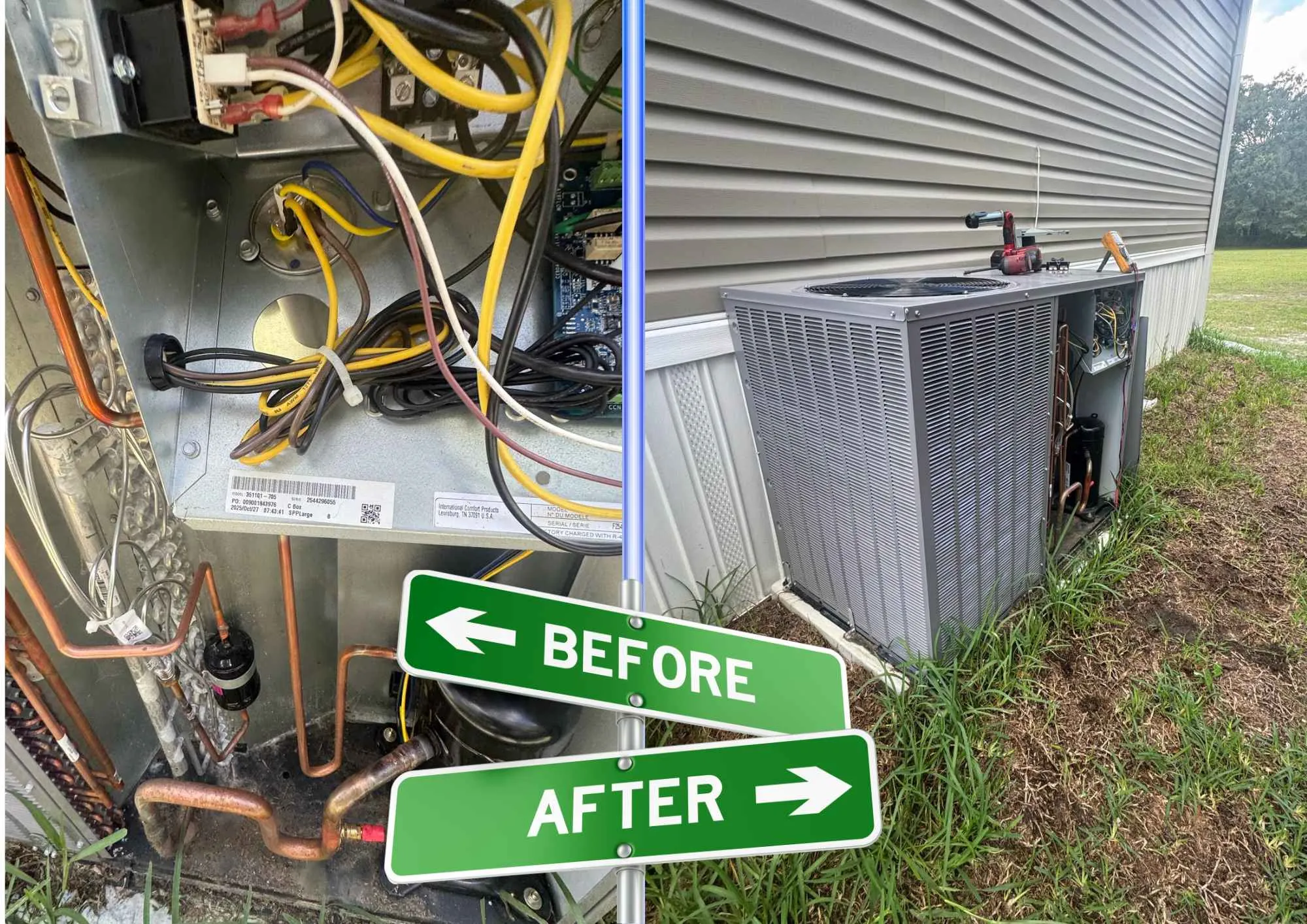 A packaged-unit changeout: aged internals on the left, the new unit installed on the right