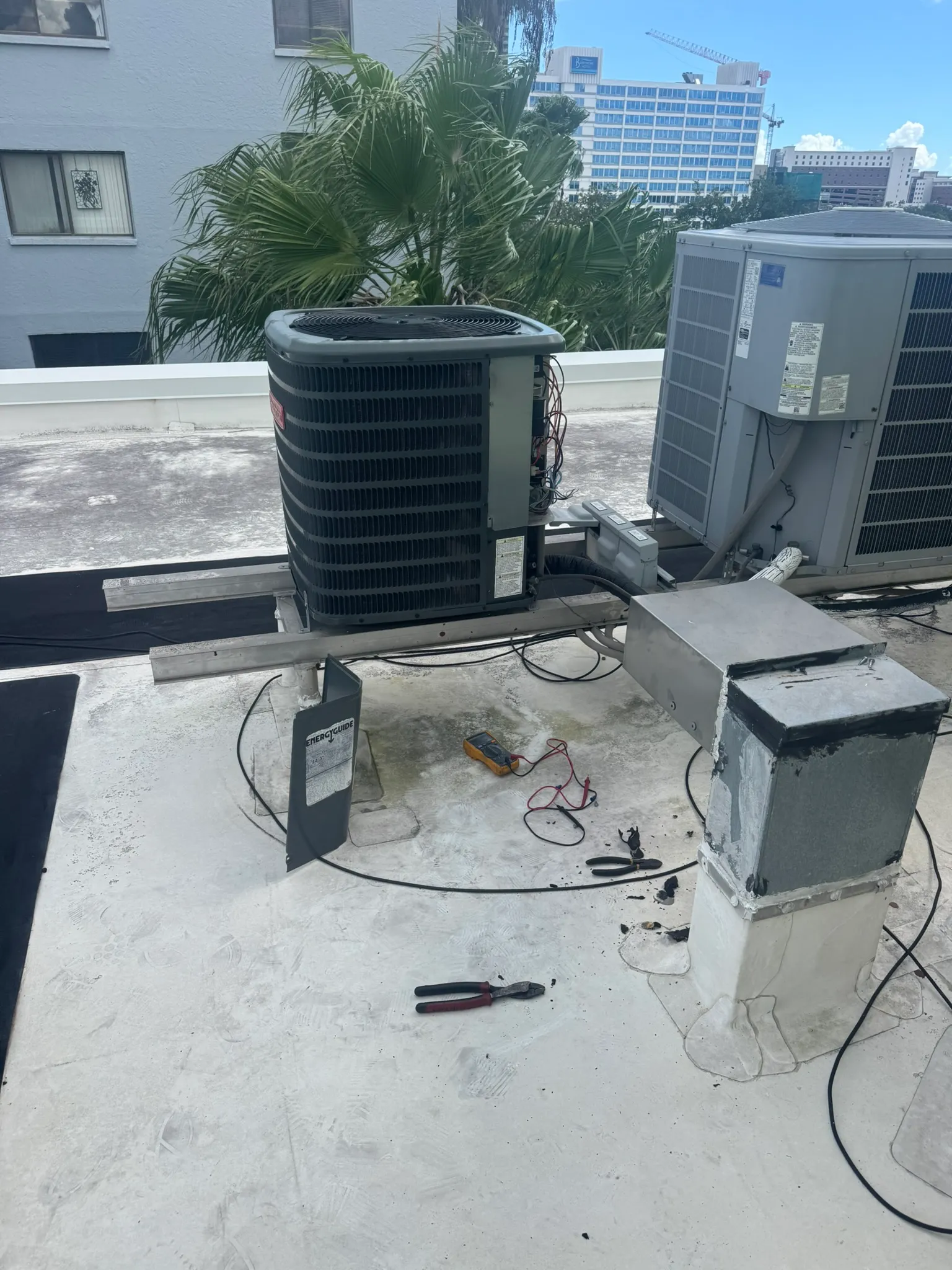 Condensers on a flat Tampa rooftop, downtown towers and palm trees behind
