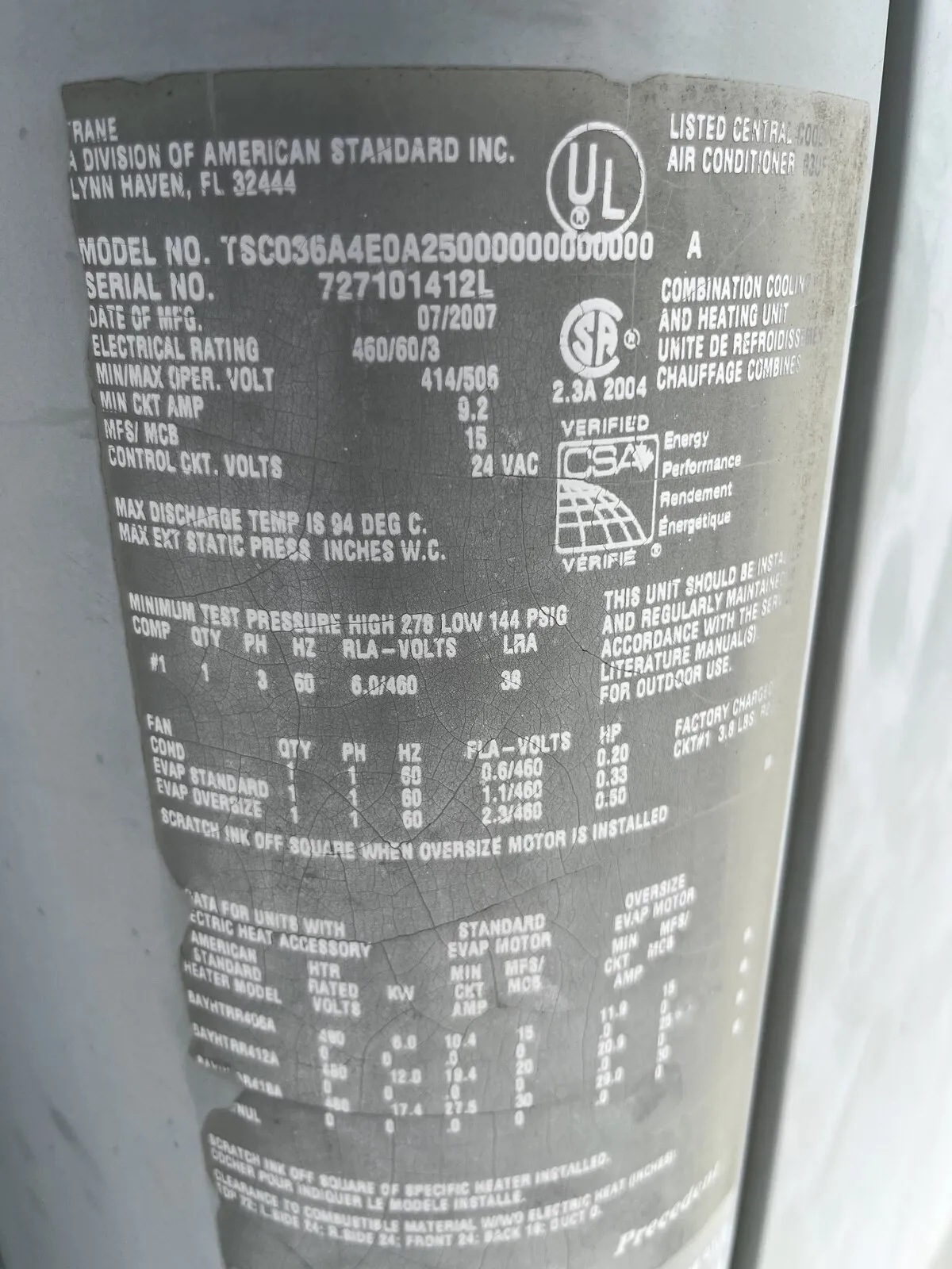 Outdoor unit data plate showing a July 2007 manufacture date, Wesley Chapel Blvd, Wesley Chapel FL 33544